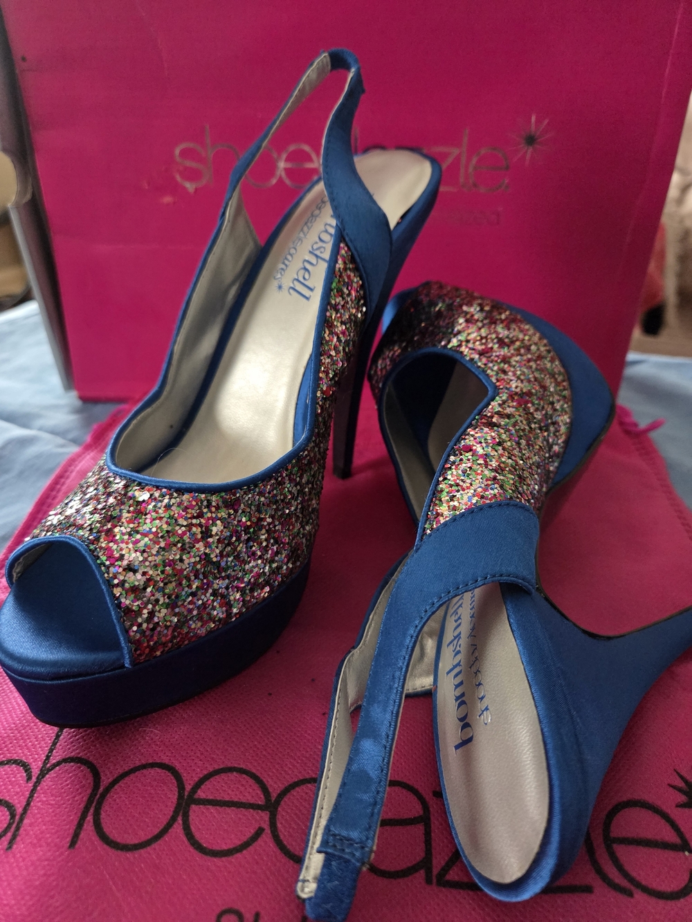 Blue Satin Peep-Toe Heels with Multicolor Glitter